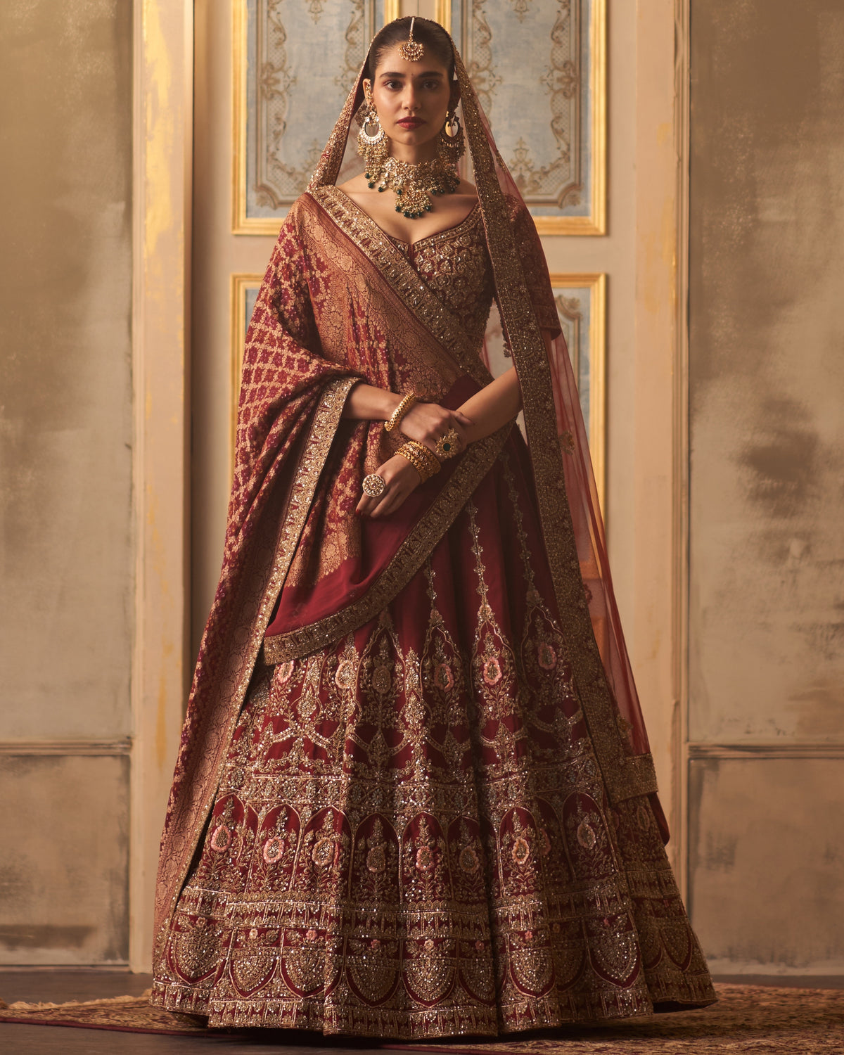 Maroon Raw Silk Double Dupatta Lehenga Set