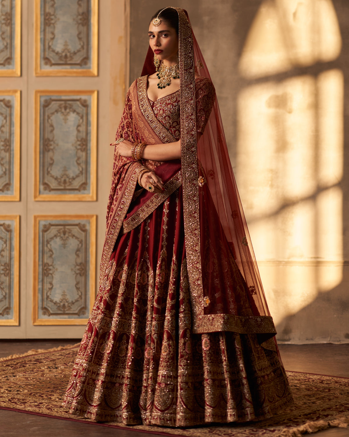 Maroon Raw Silk Double Dupatta Lehenga Set