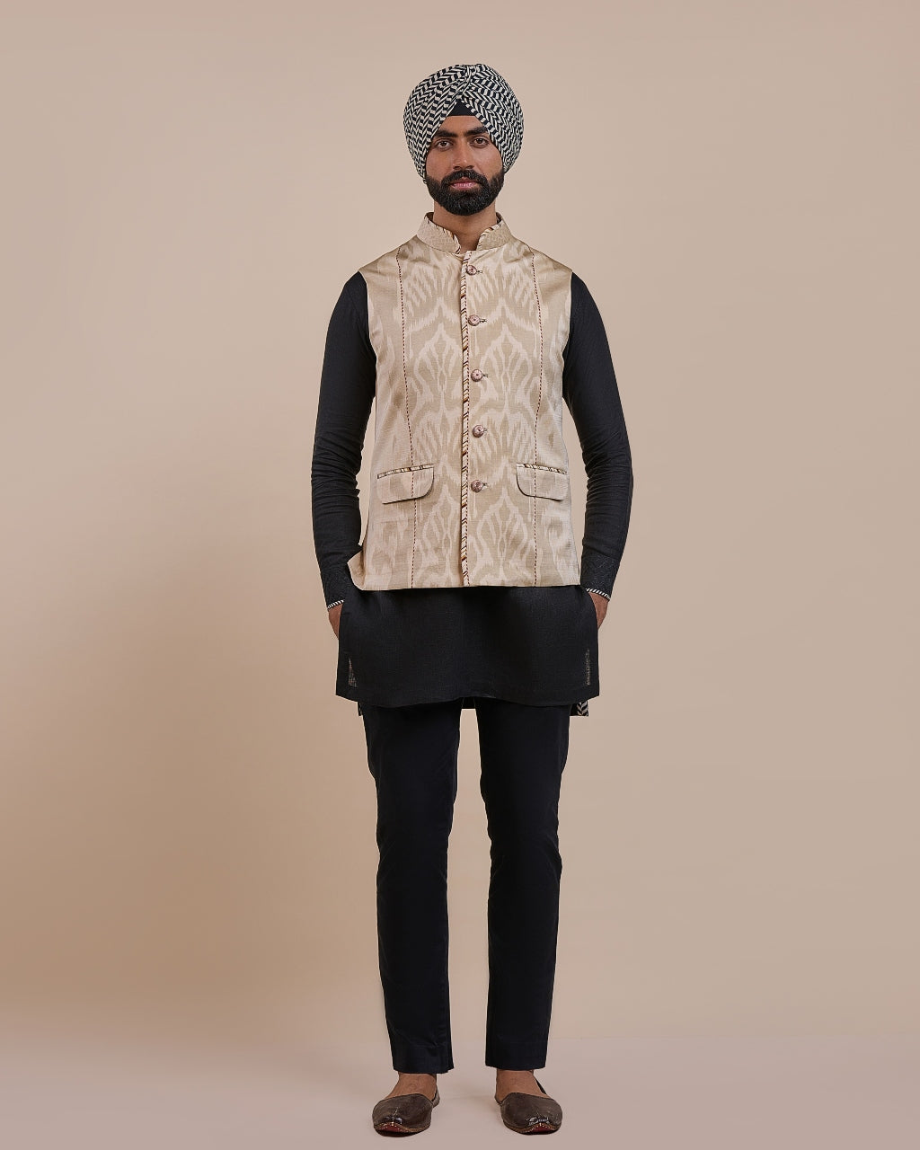 Crème Ivory Ikat Nehru Jacket