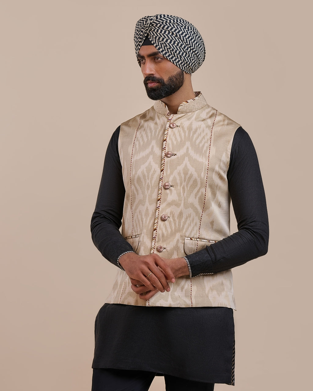 Crème Ivory Ikat Nehru Jacket