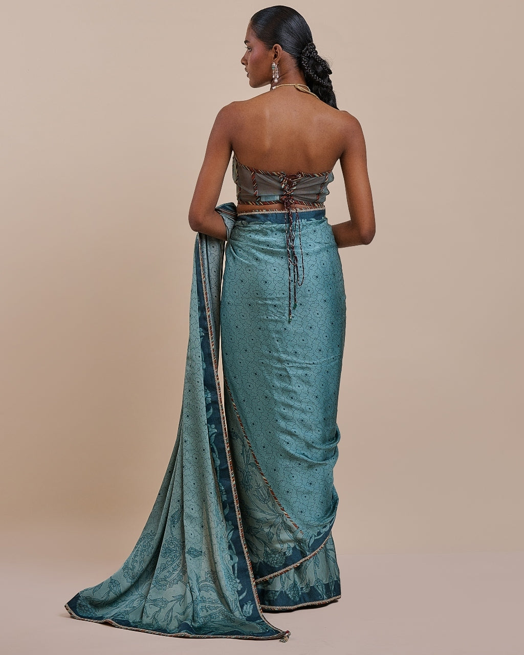 Teal Blue Corset Sari Set