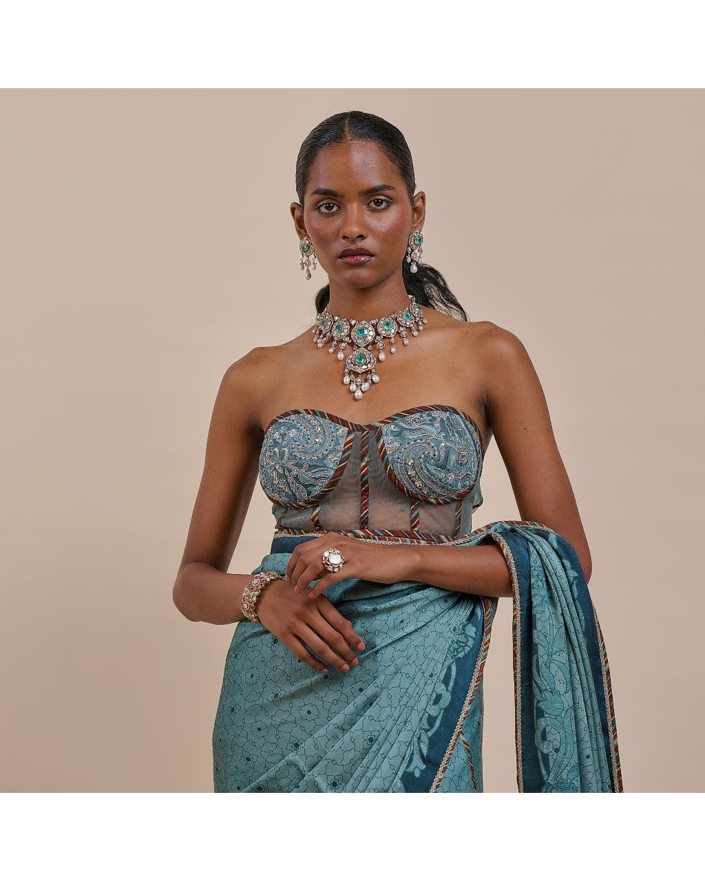 Teal Blue Corset Sari Set