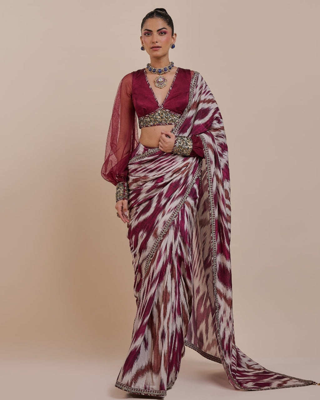 Plum Red Ikat Sari Set