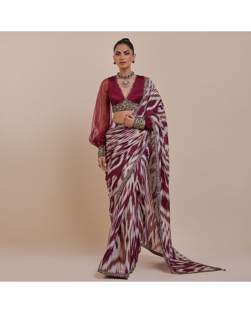 Plum Red Ikat Sari Set