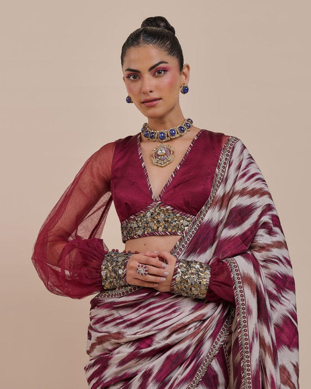 Plum Red Ikat Sari Set
