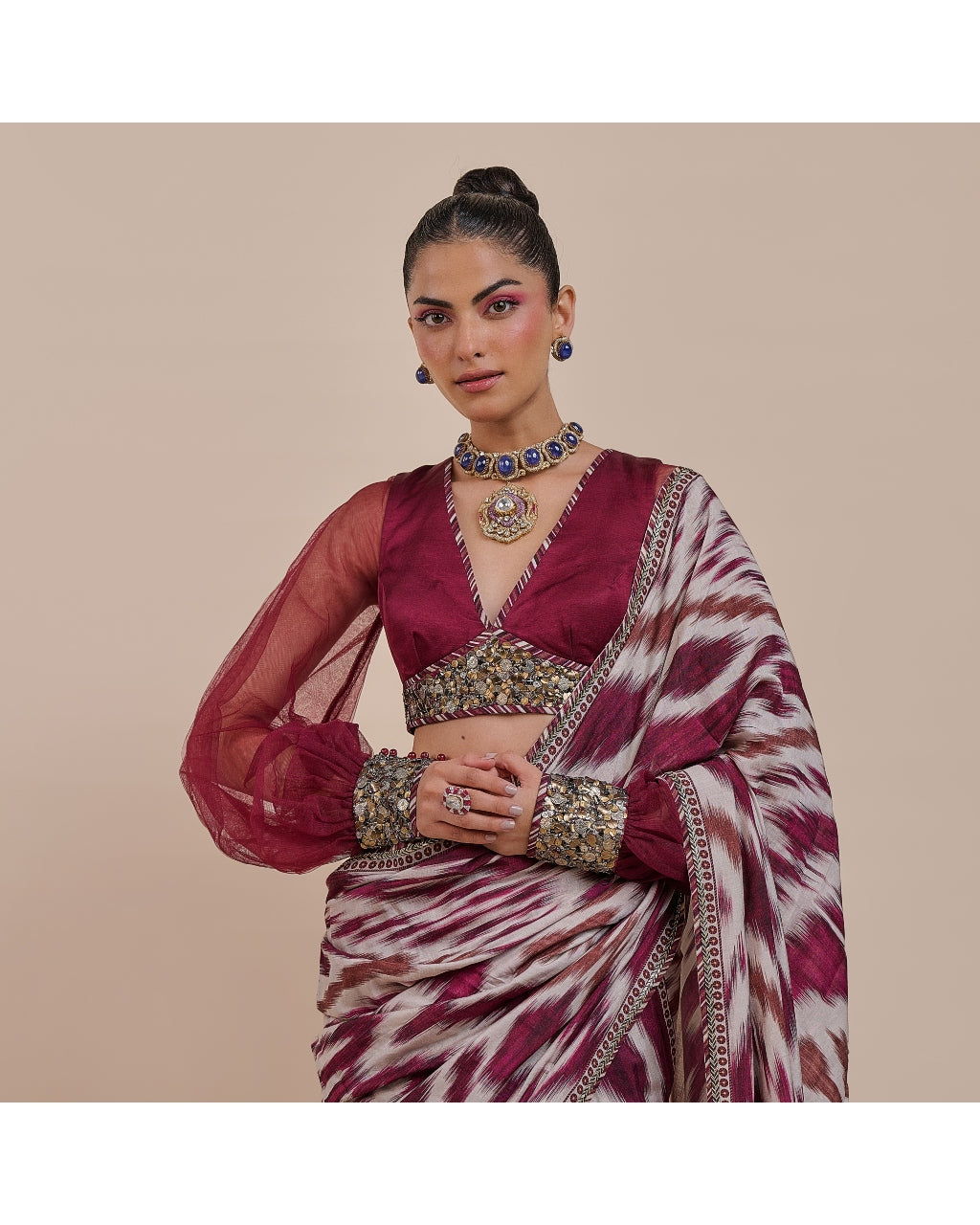 Plum Red Ikat Sari Set