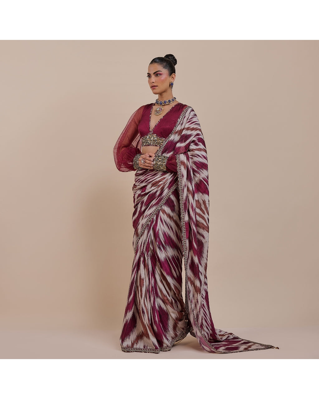 Plum Red Ikat Sari Set