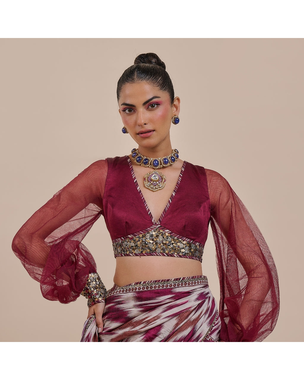 Plum Red Ikat Sari Set