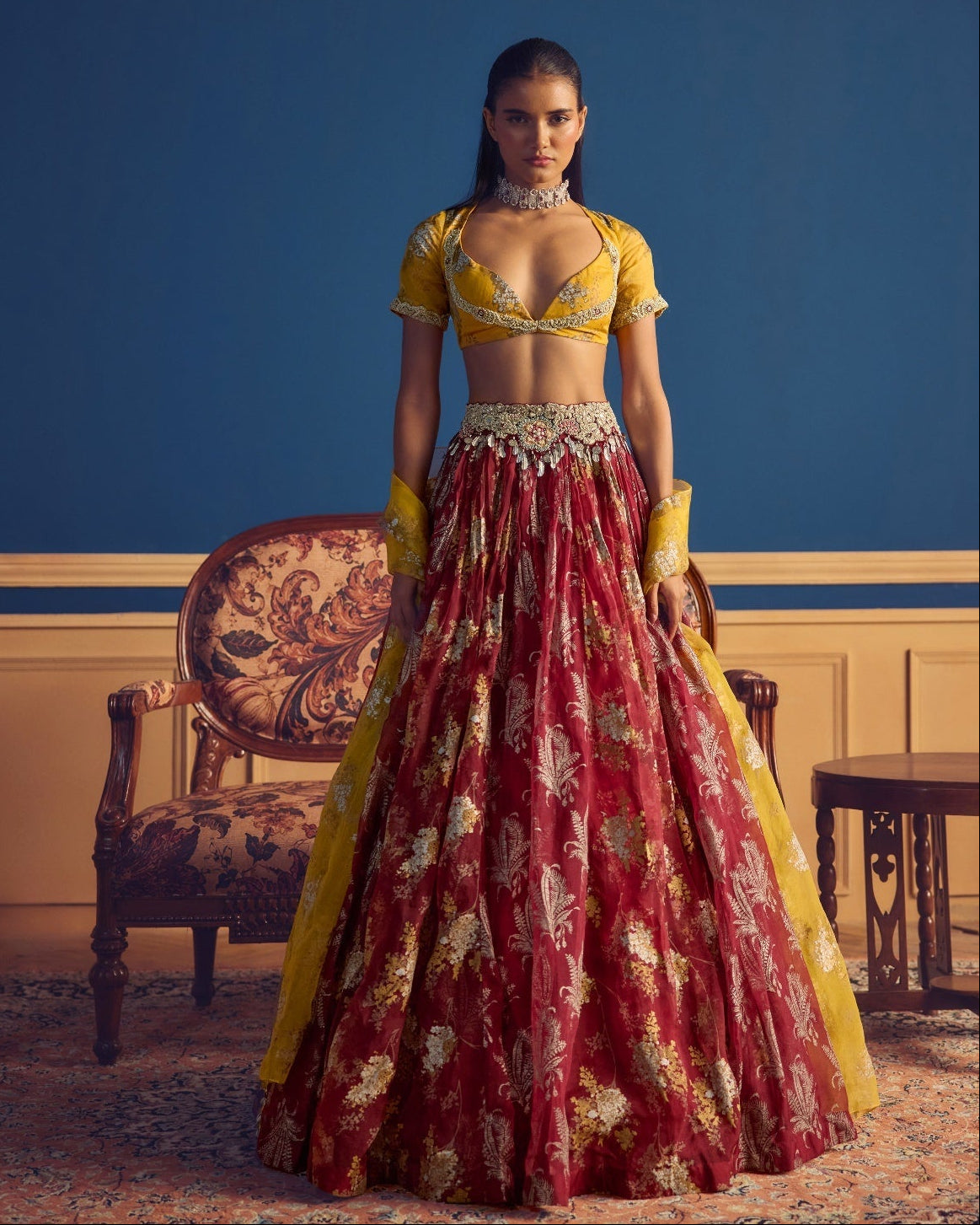 Adaa Mustard & Burgundy Lehenga Set