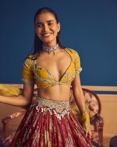 Adaa Mustard & Burgundy Lehenga Set