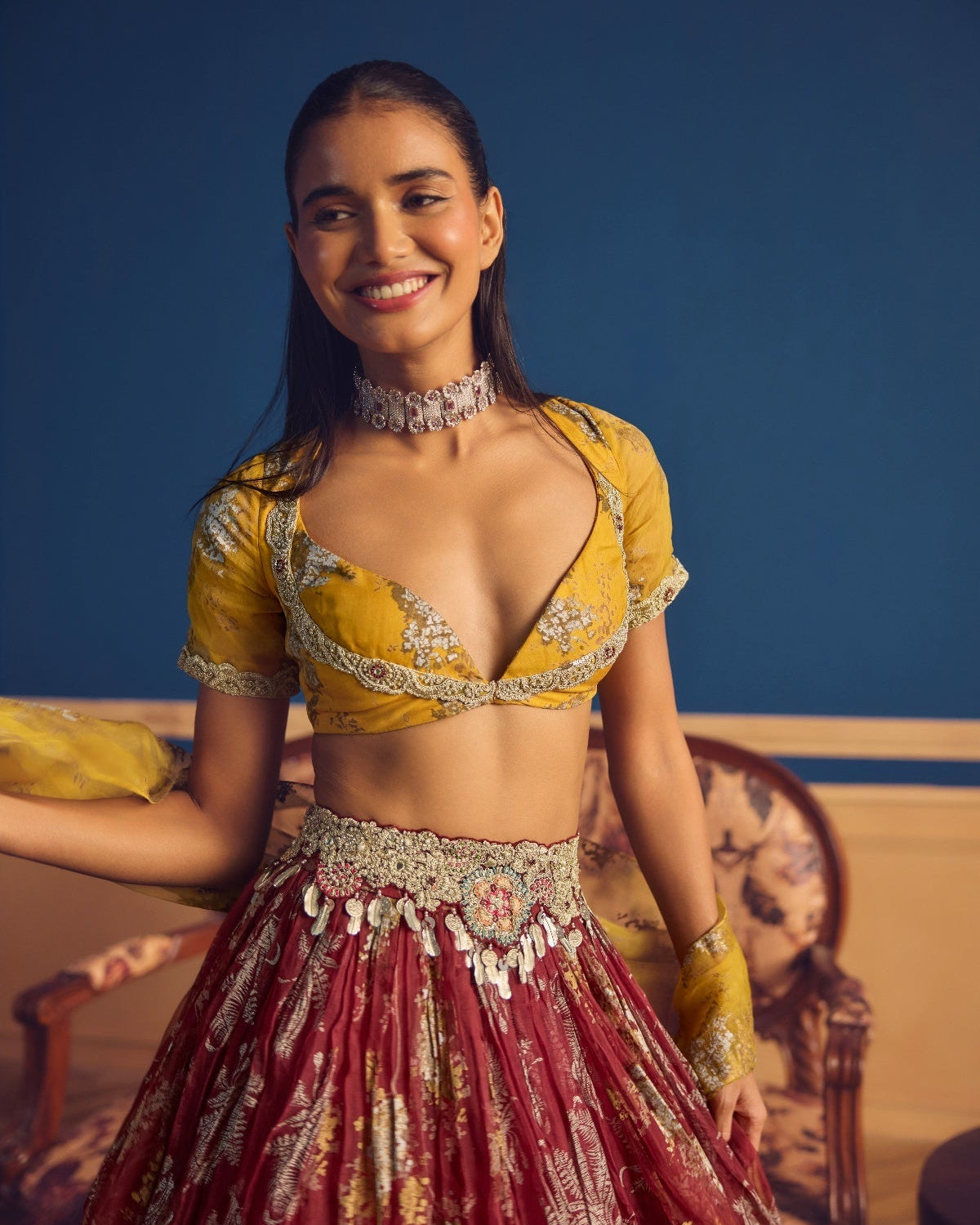 Adaa Mustard & Burgundy Lehenga Set