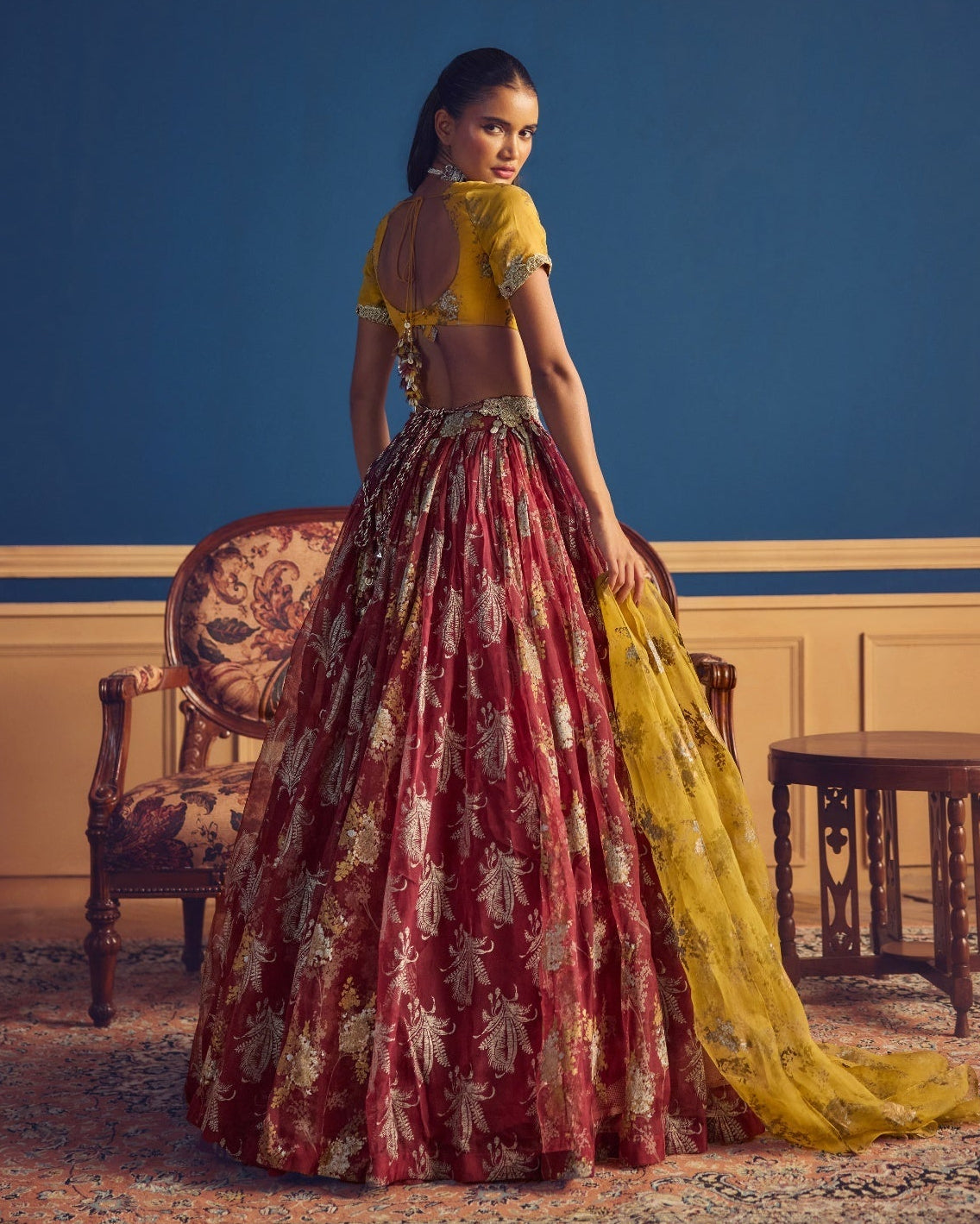 Adaa Mustard & Burgundy Lehenga Set