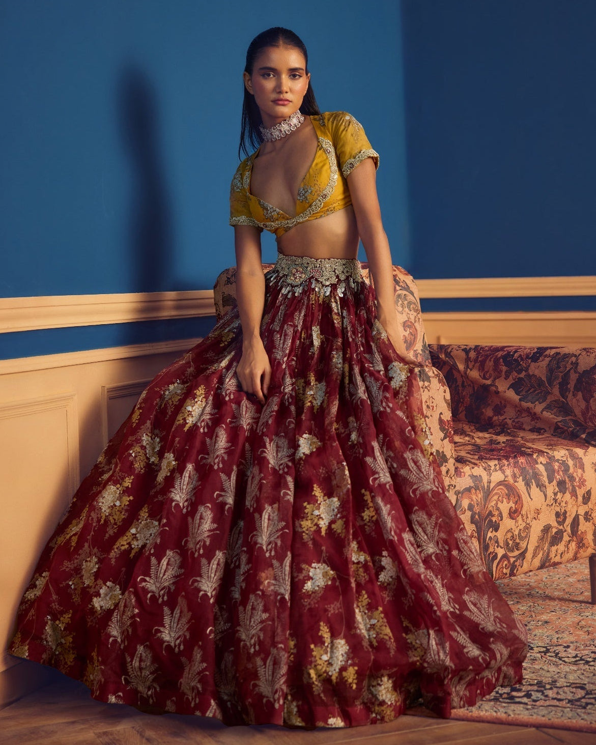 Adaa Mustard & Burgundy Lehenga Set
