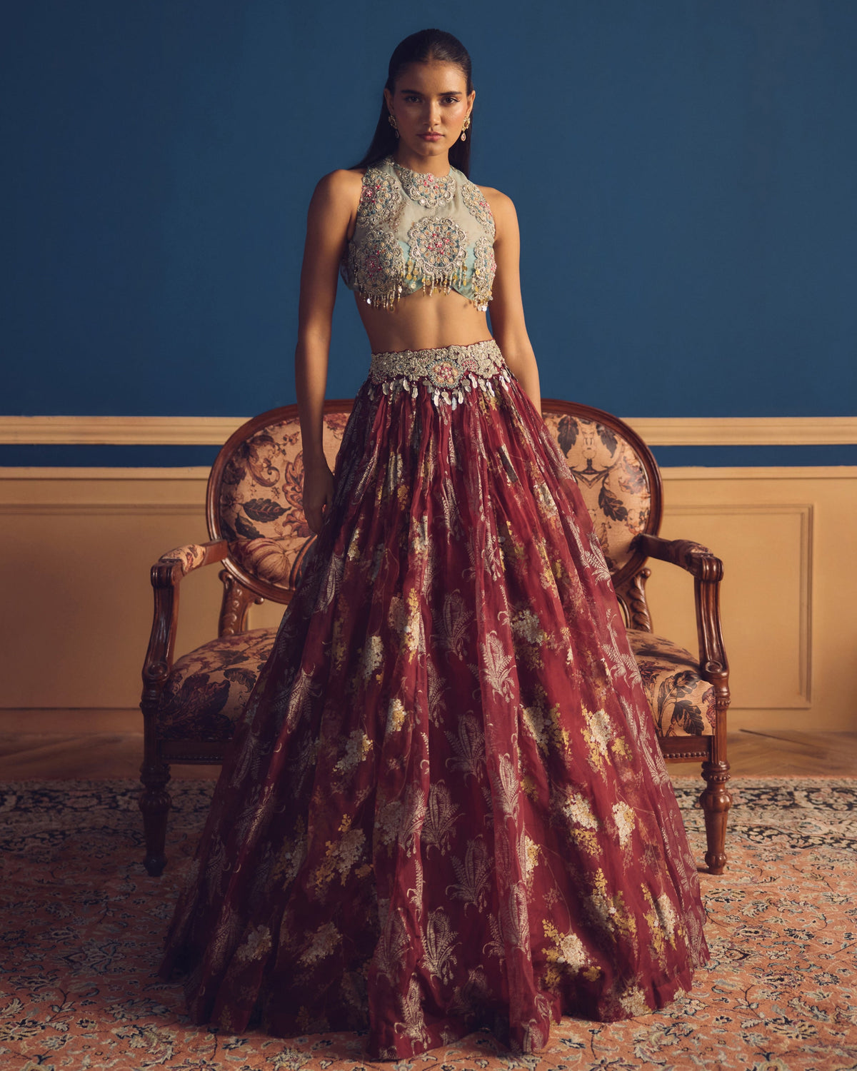 Gul Blue Burgundy Lehenga Set