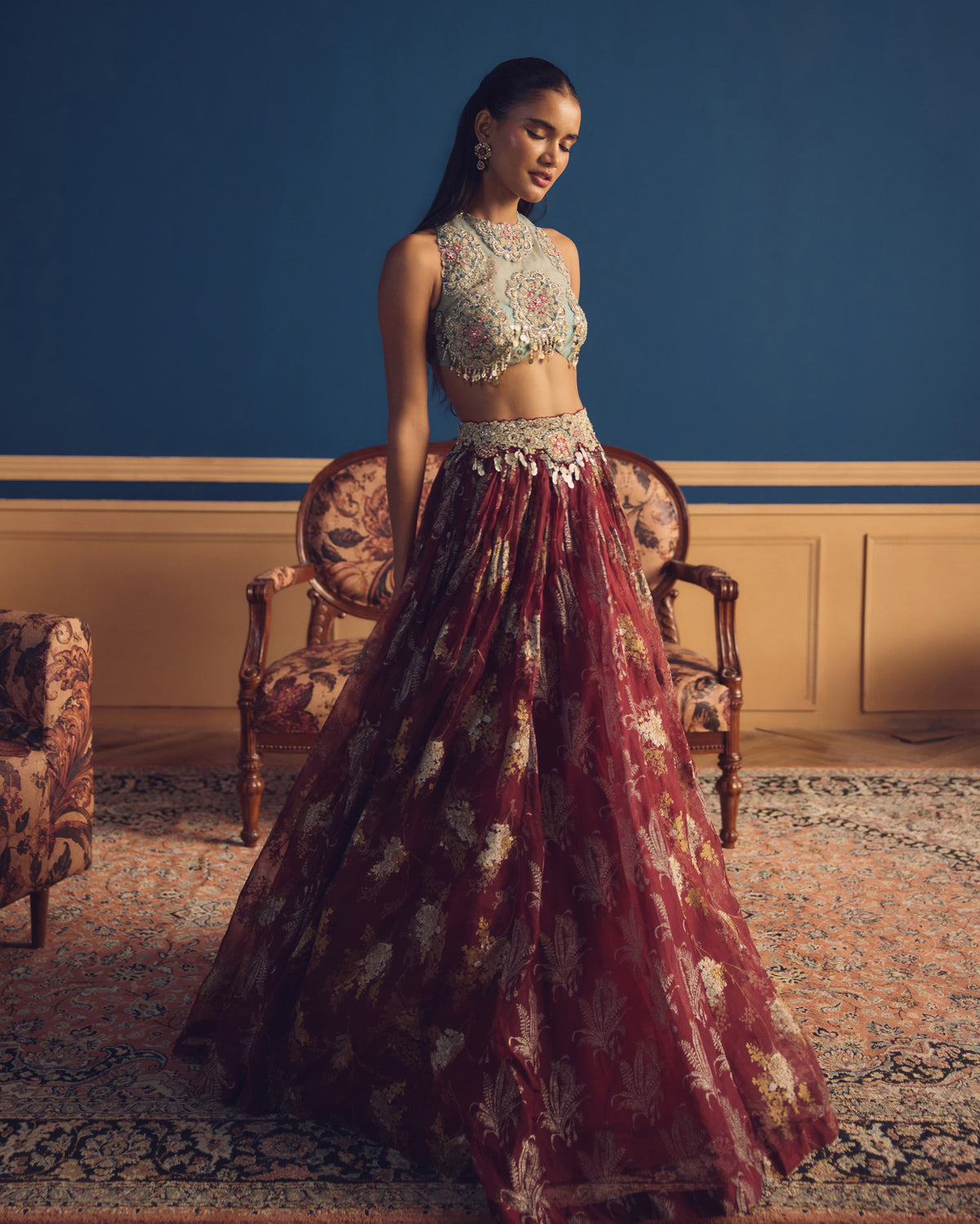 Gul Blue Burgundy Lehenga Set