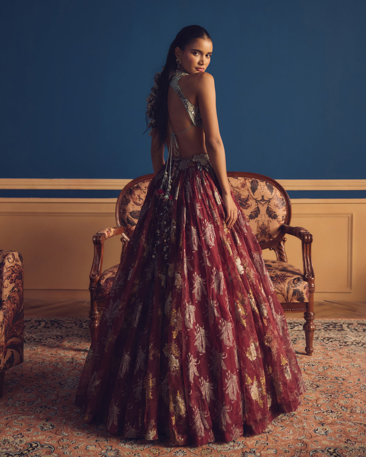Gul Blue Burgundy Lehenga Set