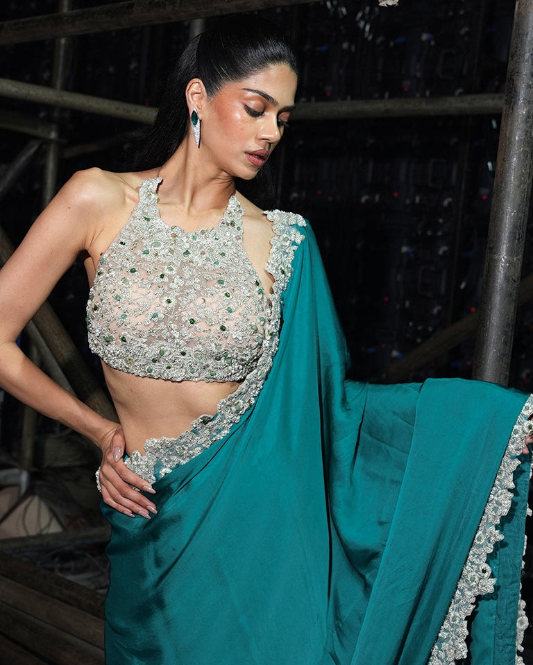 Faye Teal Embroidered Sari Set