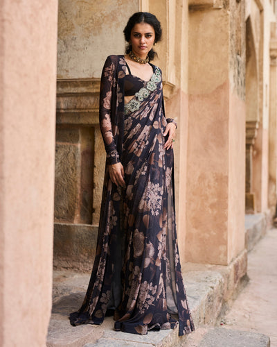 Aisha Black Bloom Sari & Jacket Set