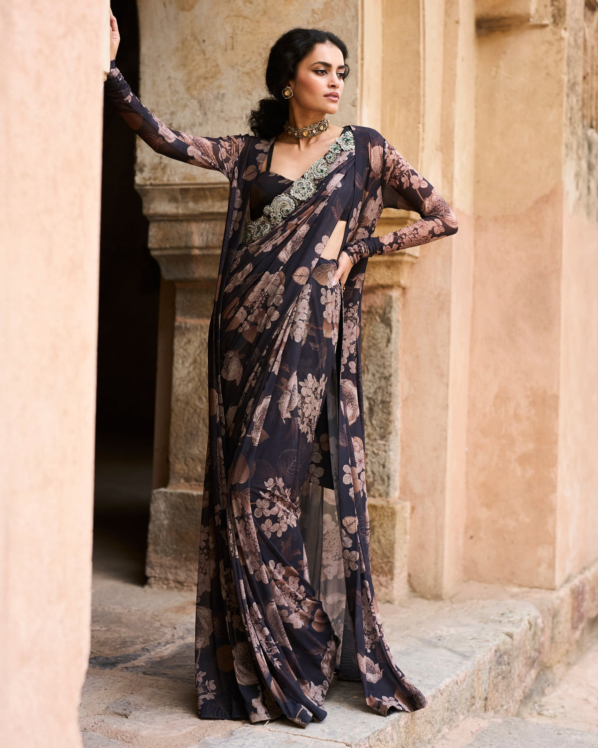 Aisha Black Bloom Sari & Jacket Set