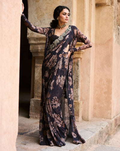 Aisha Black Bloom Sari & Jacket Set