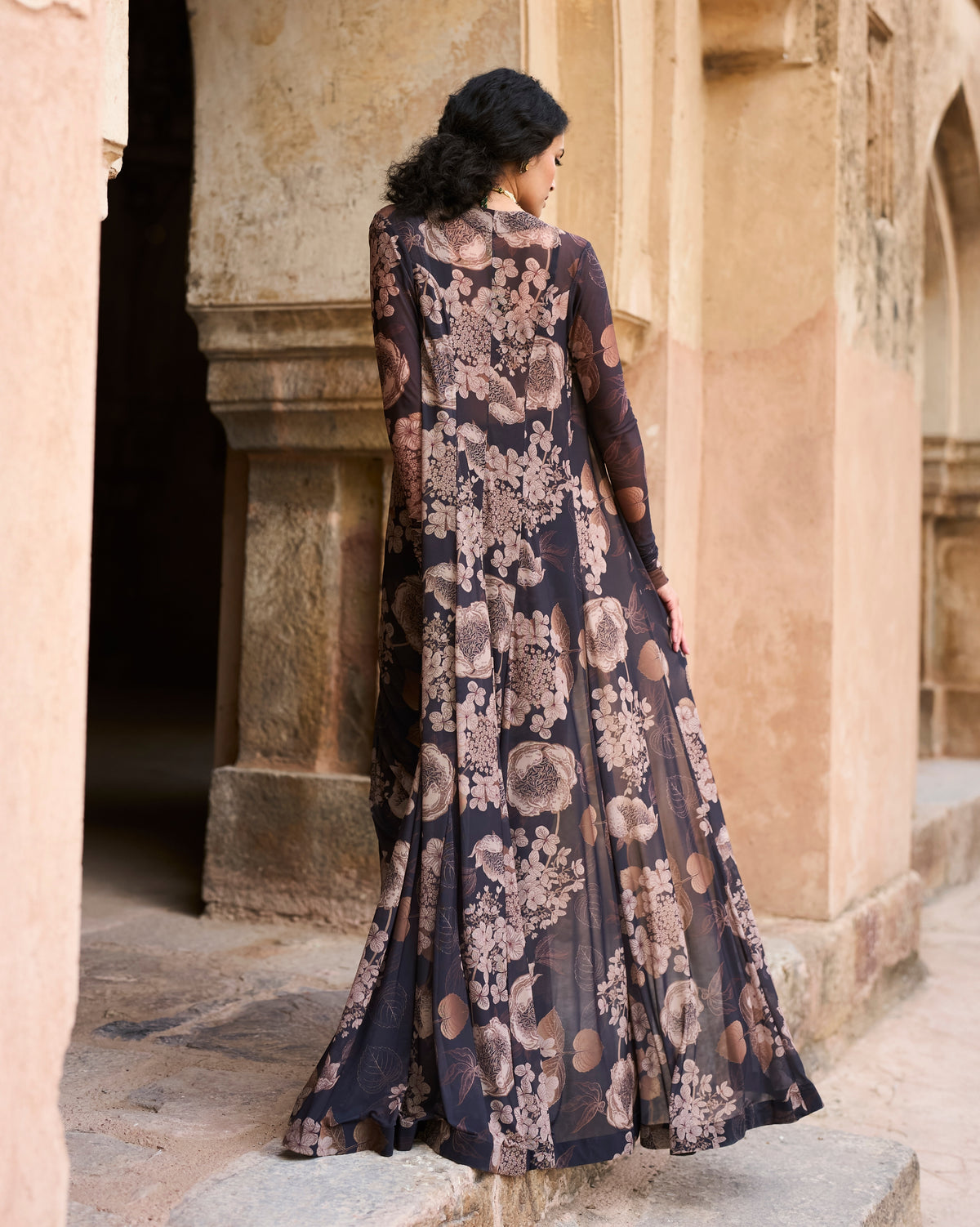 Aisha Black Bloom Sari & Jacket Set