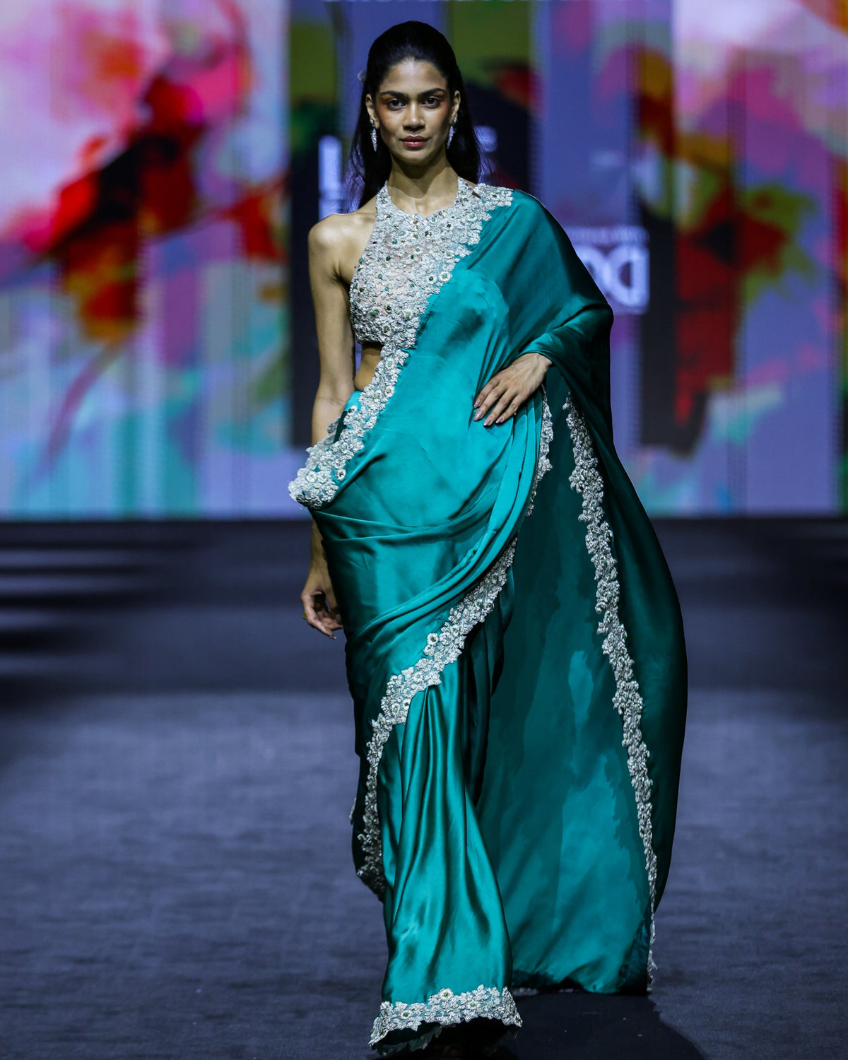 Faye Teal Embroidered Sari Set