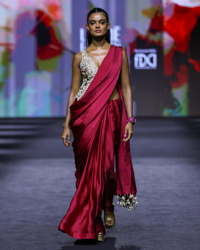 Nia Red Satin Sari Set