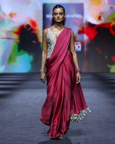 Nia Red Satin Sari Set