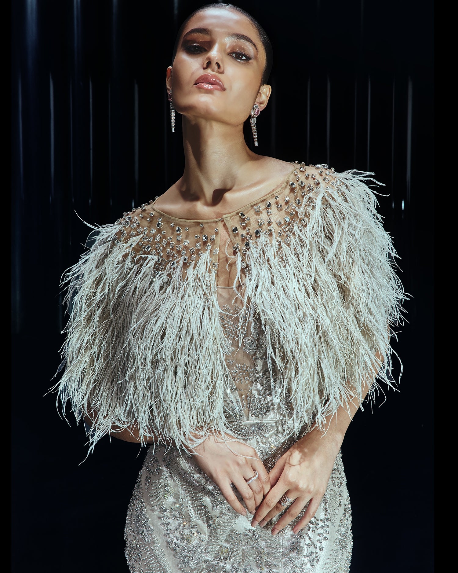 Moonlit Feathered Gown Set