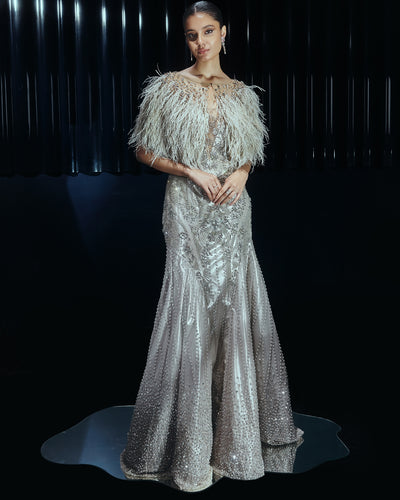 Moonlit Feathered Gown Set