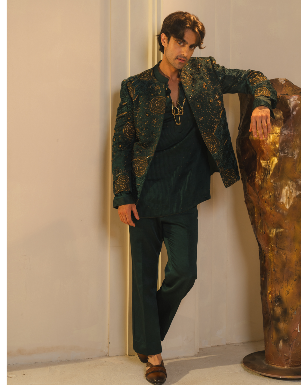 Forest Green Hand Embroidered Short Jacket Set