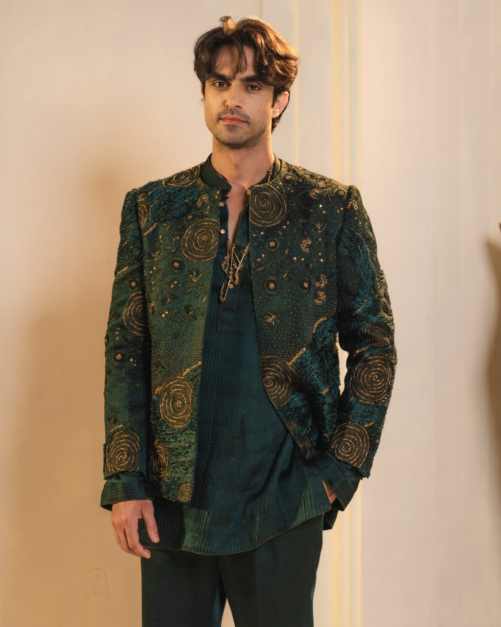 Forest Green Hand Embroidered Short Jacket Set