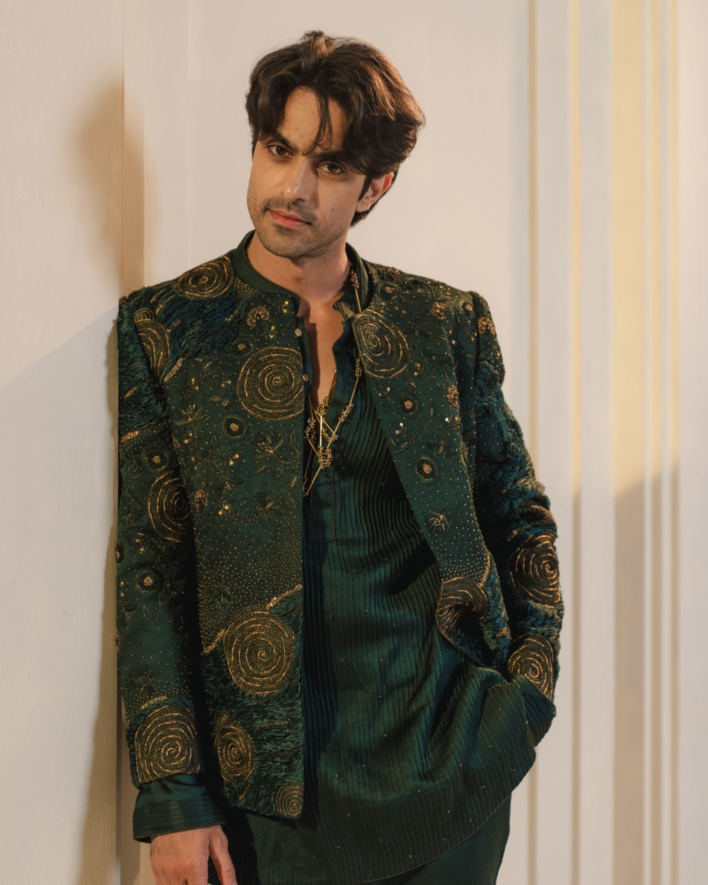 Forest Green Hand Embroidered Short Jacket Set