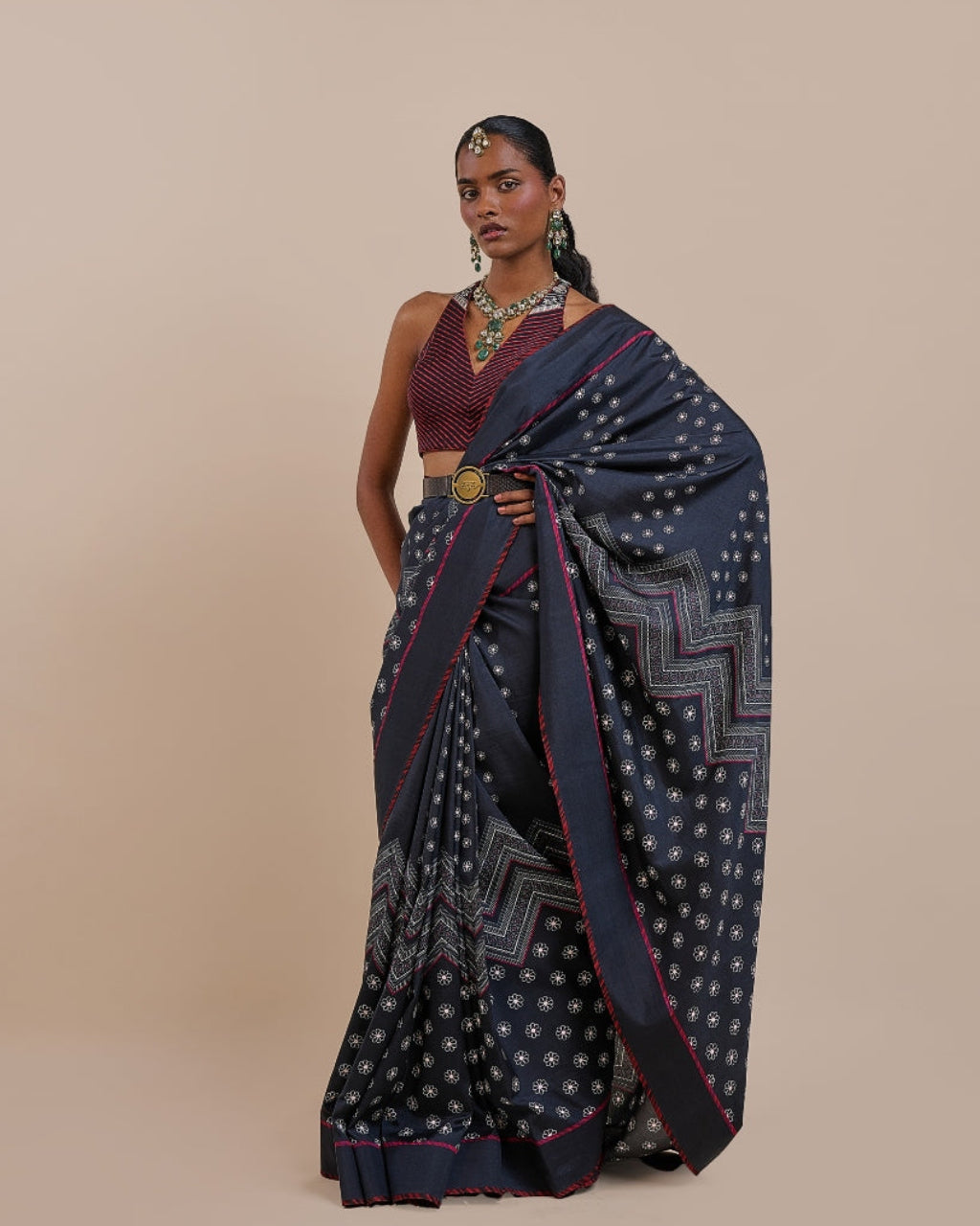 Midnight Blue Burgundy Chevron Sari Set