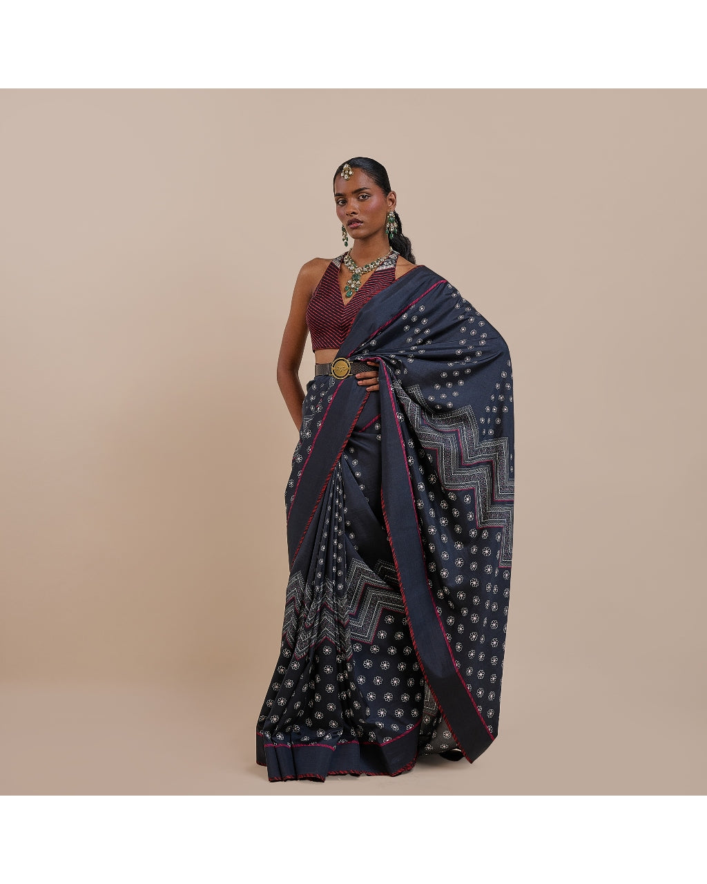 Midnight Blue Burgundy Chevron Sari Set