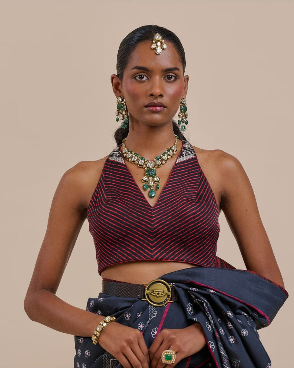 Midnight Blue Burgundy Chevron Sari Set
