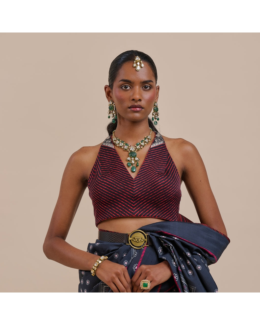 Midnight Blue Burgundy Chevron Sari Set