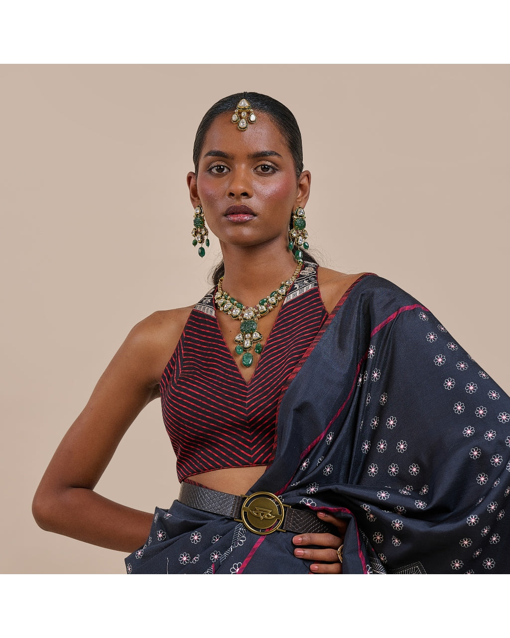 Midnight Blue Burgundy Chevron Sari Set