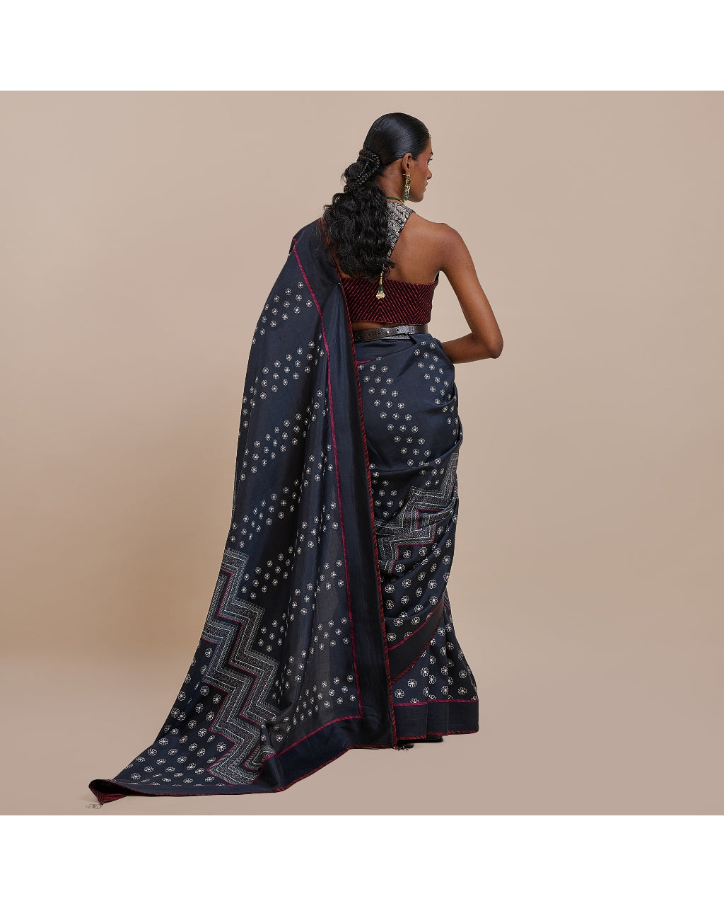 Midnight Blue Burgundy Chevron Sari Set