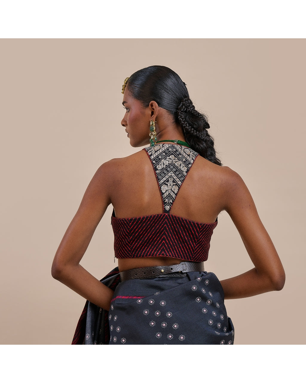Midnight Blue Burgundy Chevron Sari Set