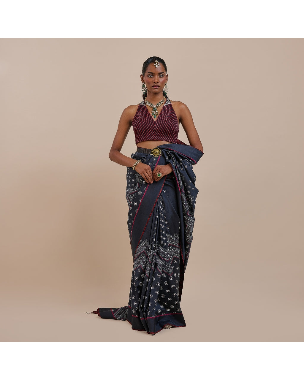 Midnight Blue Burgundy Chevron Sari Set