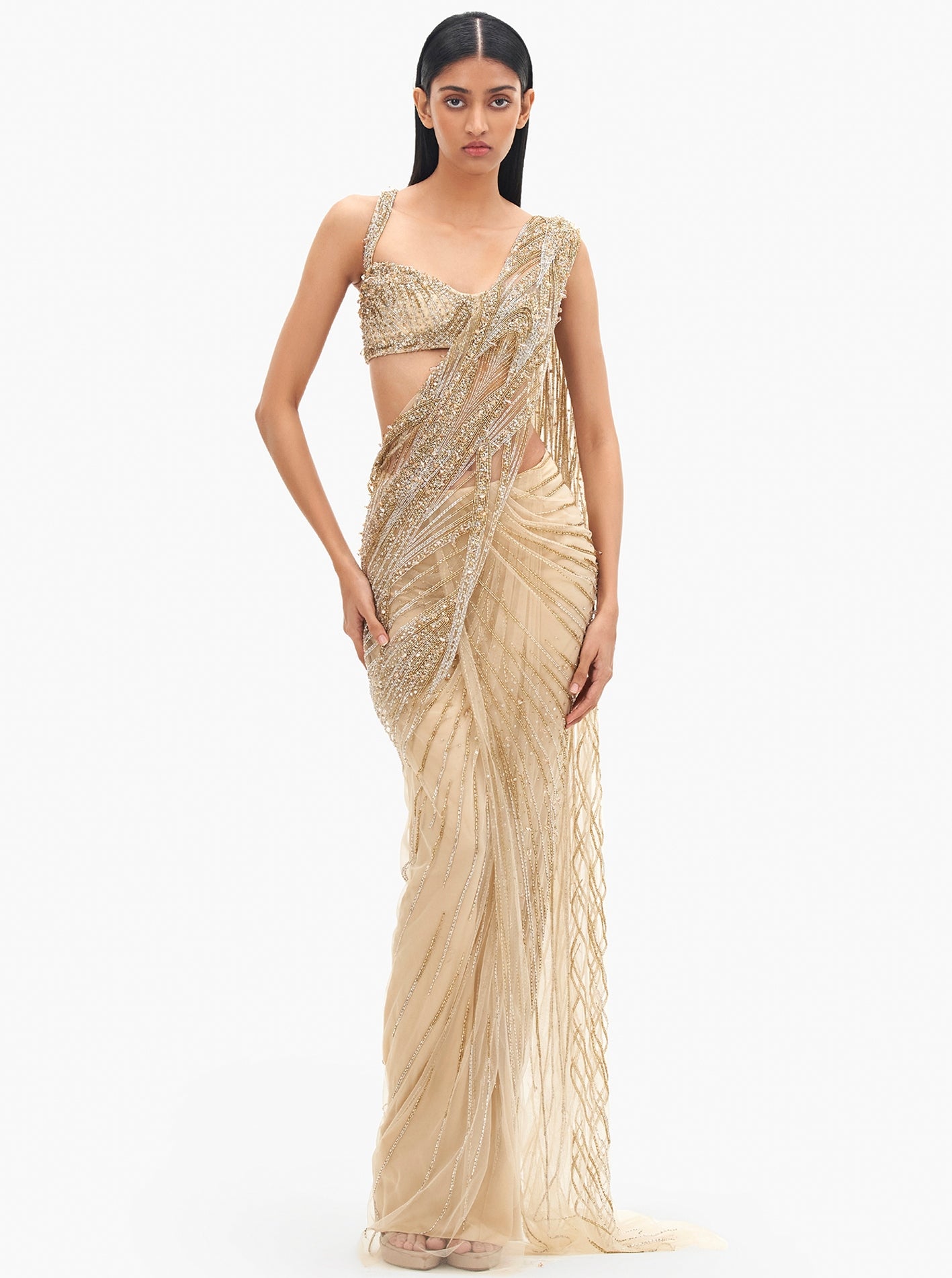 The Glided Gold Cosmic Glint Sari Gown