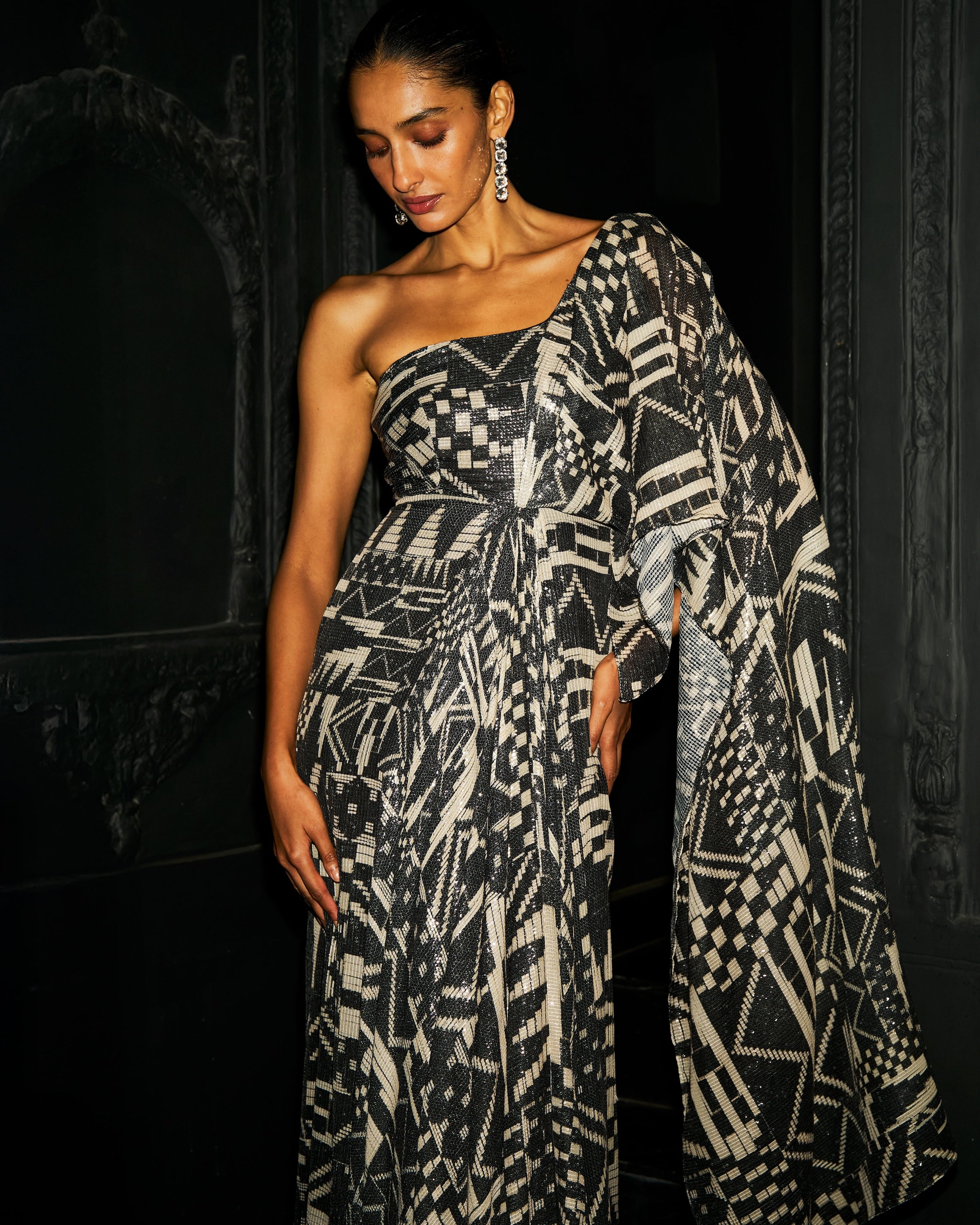 Monochrome Sequin Sari Drape Gown