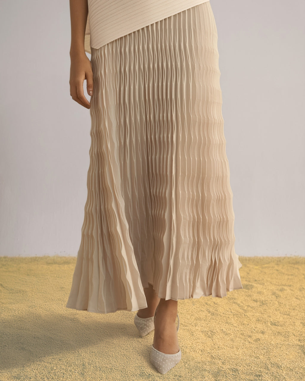 Asymmetric Pleated Top & Irregular Pleated Maxi Skirt