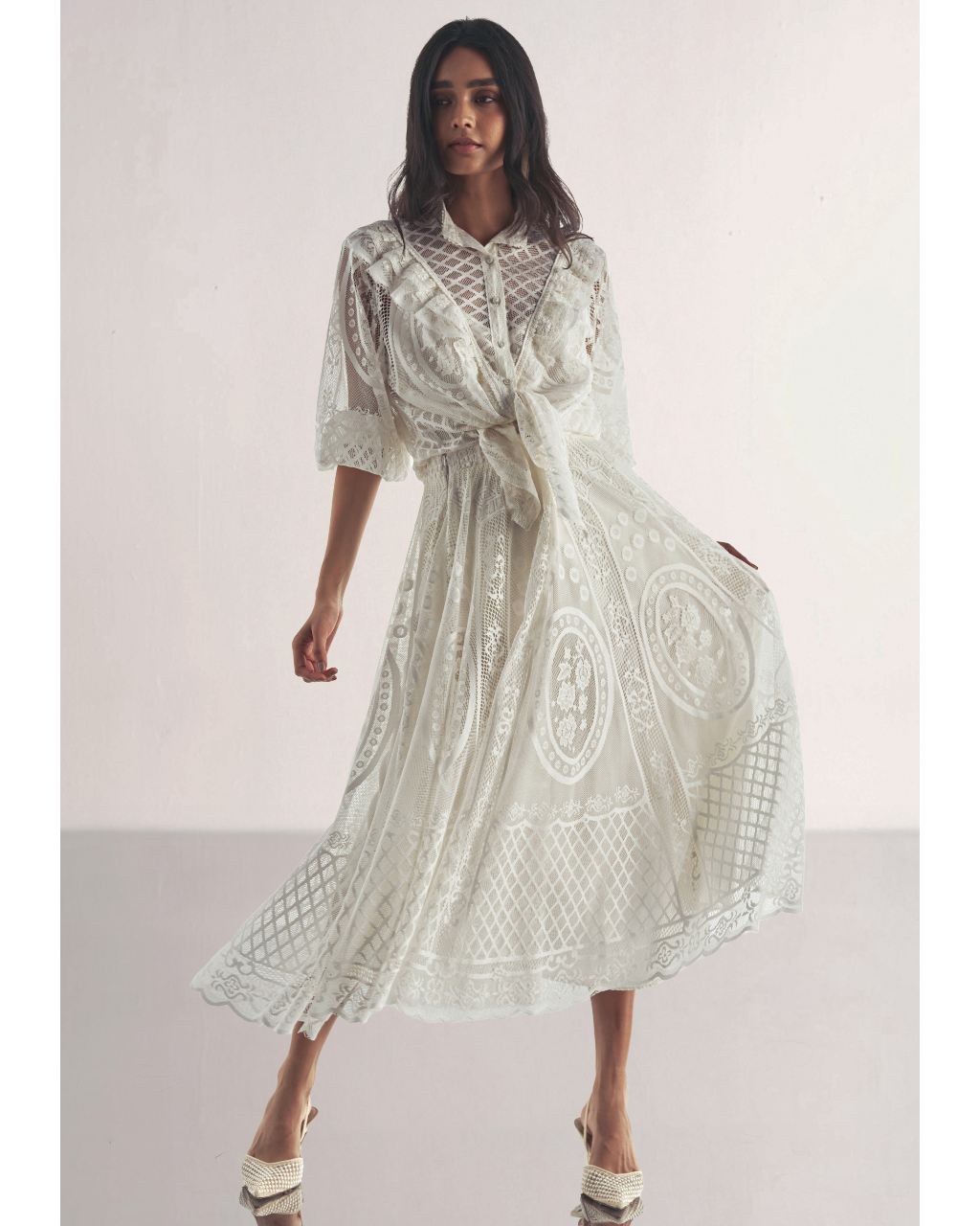 Lace & Ruffle Shirt & A-Line Lace Skirt