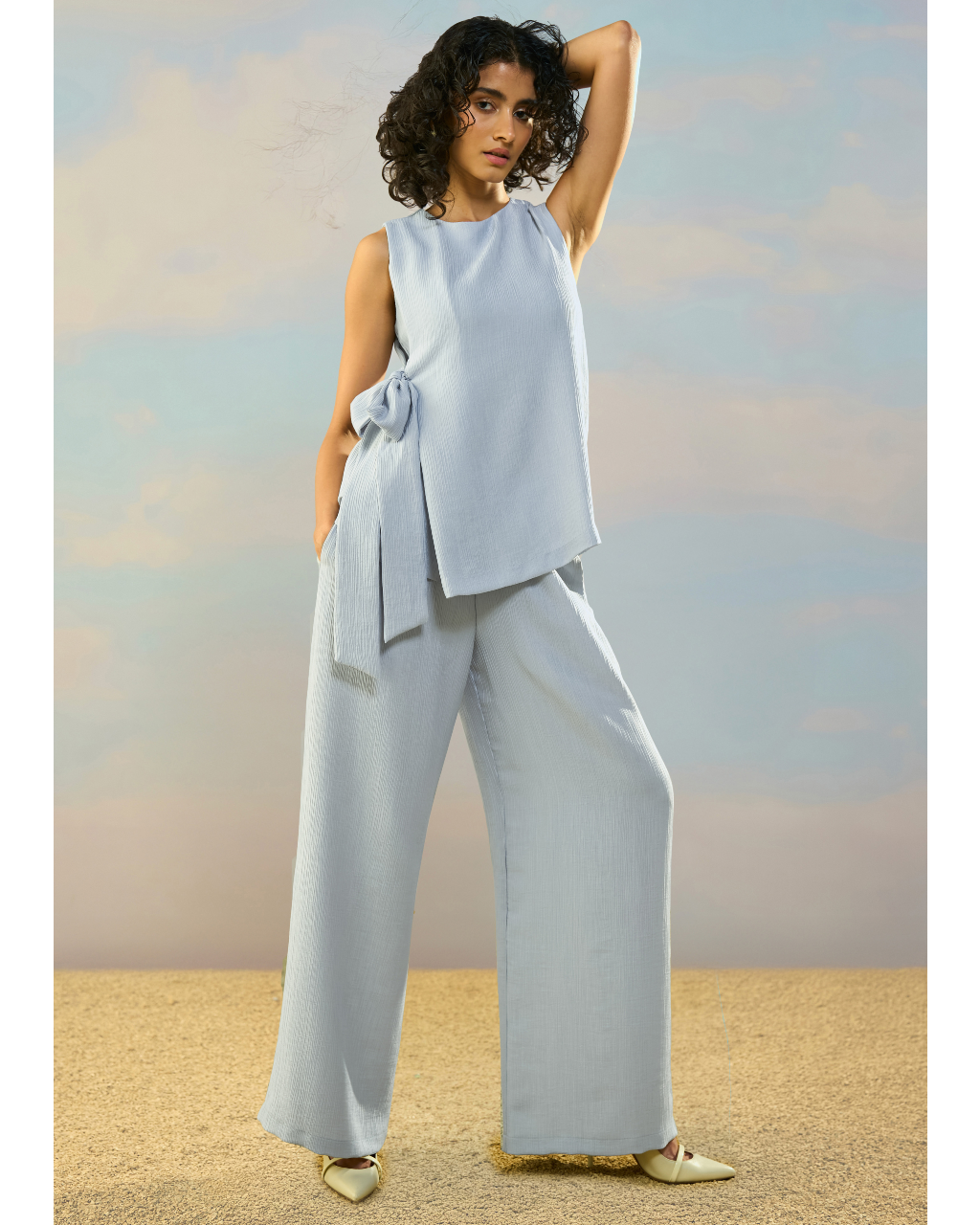 Textured Side-Tie Top & Wide-Legged Pant Set