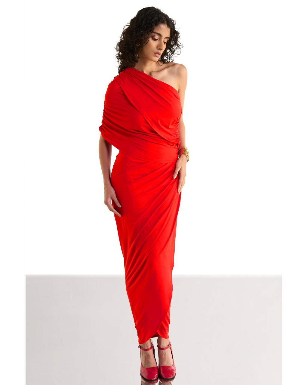One Shoulder Draped Knit Top & Ruched Draped Knit Skirt