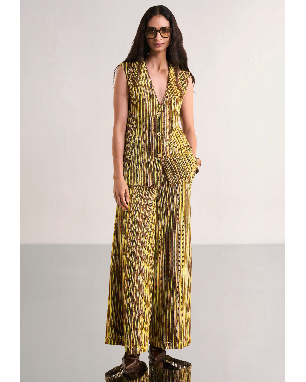 Scalloped Crochet Knit Waistcoat & Wide-Legged Pant Set