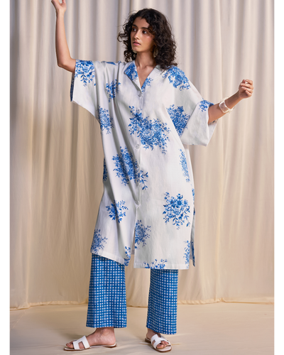 Linen Porcelain Print Motif Shirt & Madras Check Print Pant Set