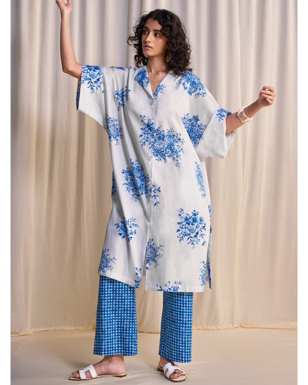 Linen Porcelain Print Motif Shirt & Madras Check Print Pant Set